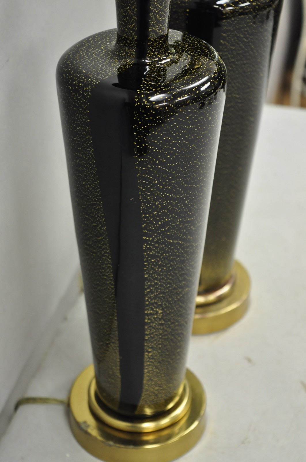 Vintage Mid Century Modern Black Glass w/ Gold Speckles Urn Table Lamps - a Pair