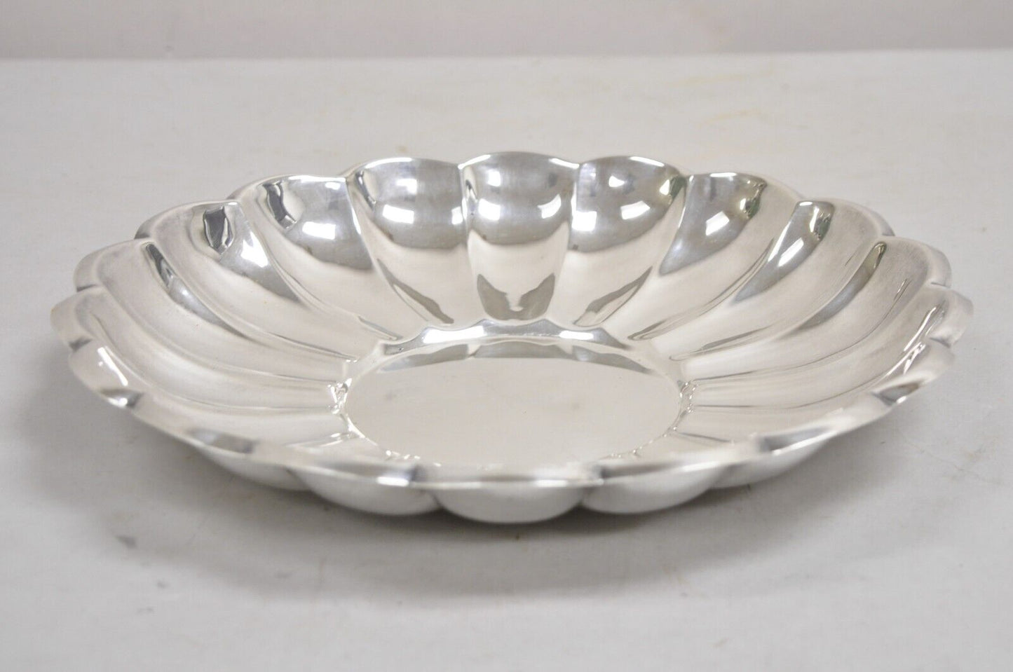 Vintage Modernist 13" Round Silver Plated Scalloped Edge Centerpiece Fruit Bowl