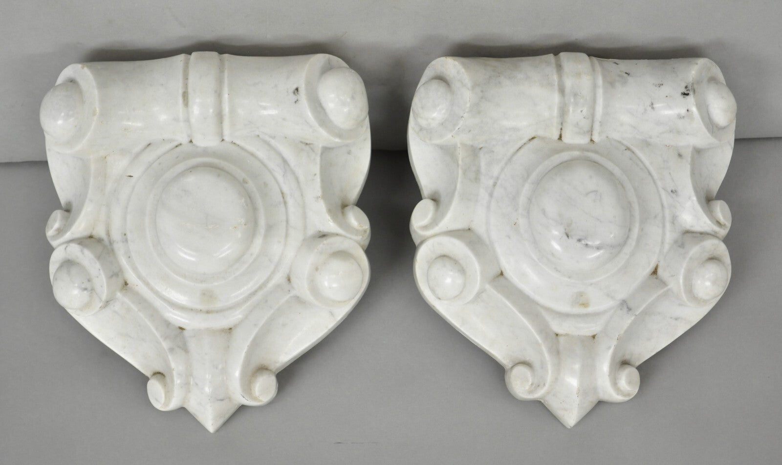 Antique Neoclassical Carved Marble Mantel Keystone Architectural Element - Pair