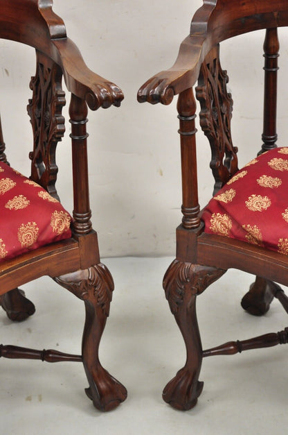 Chippendale Style Carved Mahogany Ball and Claw Corner Accent Chair - a Pair