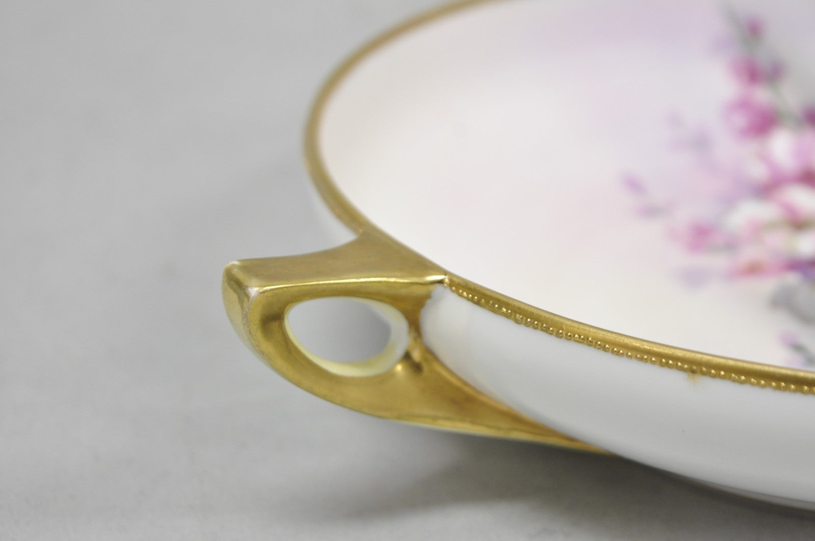 Antique Nippon Hand Painted Pink Wisteria Flower Porcelain Dish w / Handles