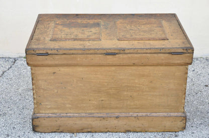 Antique 19th C French Hand Painted Distressed Wood Blanket Chest Dovetail Trunk