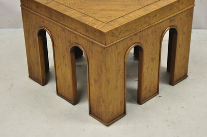 Vintage Drexel Wellington Arched Hollywood Regency Burl Wood Pedestal Side Table
