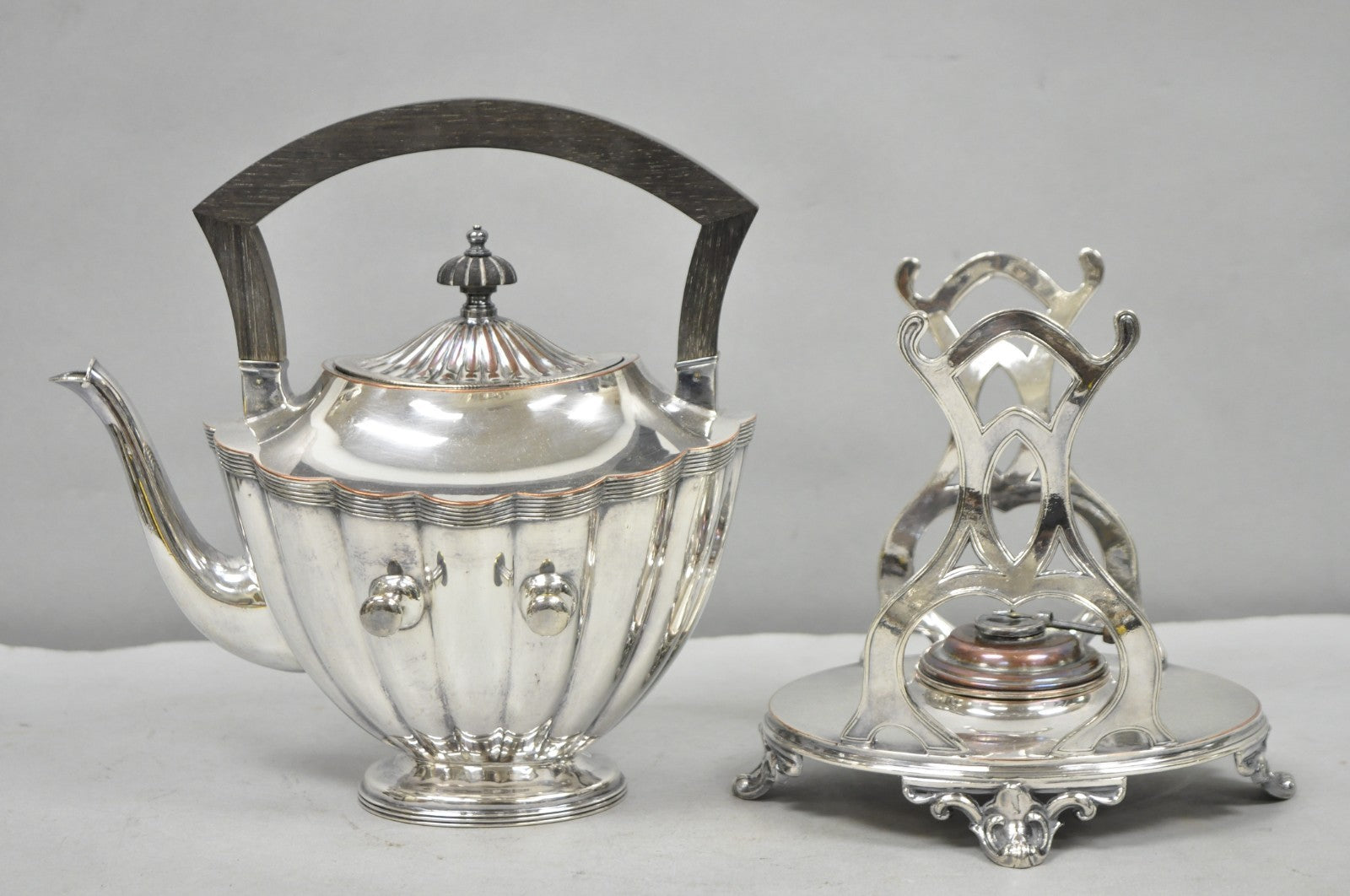 Antique English Art Nouveau Silver Plated Tilting Tea Kettle Pot on Stand
