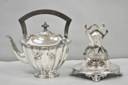 Antique English Art Nouveau Silver Plated Tilting Tea Kettle Pot on Stand