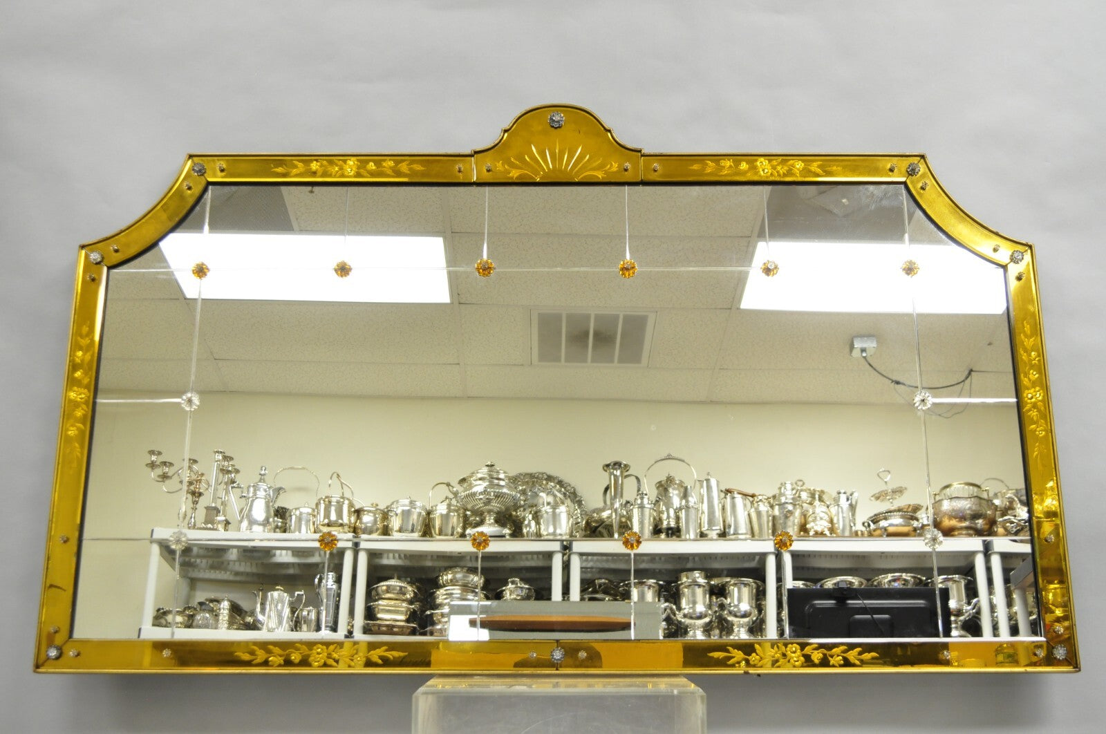 Antique French Art Deco Venetian Amber Glass Large Etched Wall Mirror