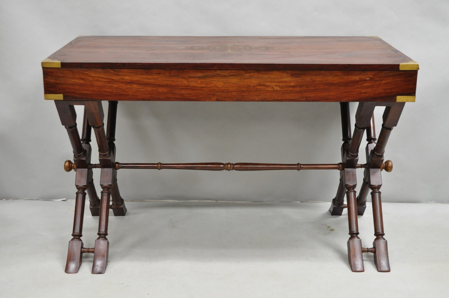 Vintage Anglo Indian Campaign Style Hardwood Curule Writing Desk w/ Brass Inlay