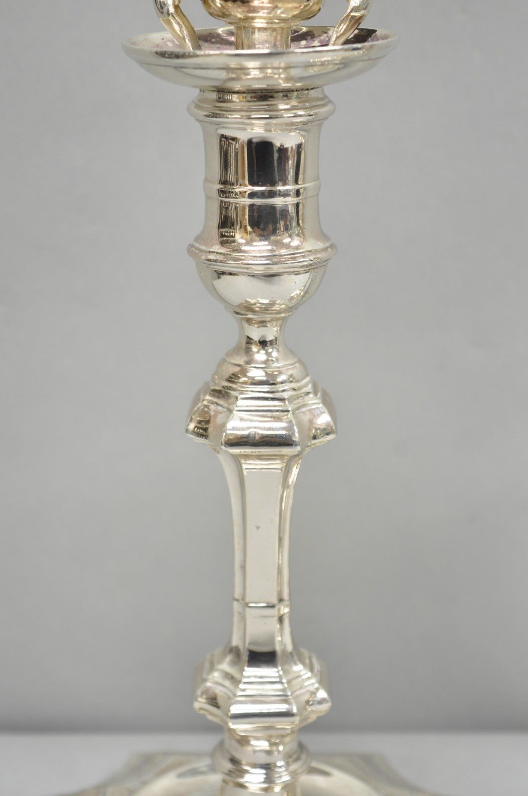 Antique English Regency Silver Plated Footed Candlestick Table Lamps - a Pair