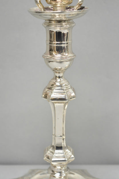 Antique English Regency Silver Plated Footed Candlestick Table Lamps - a Pair
