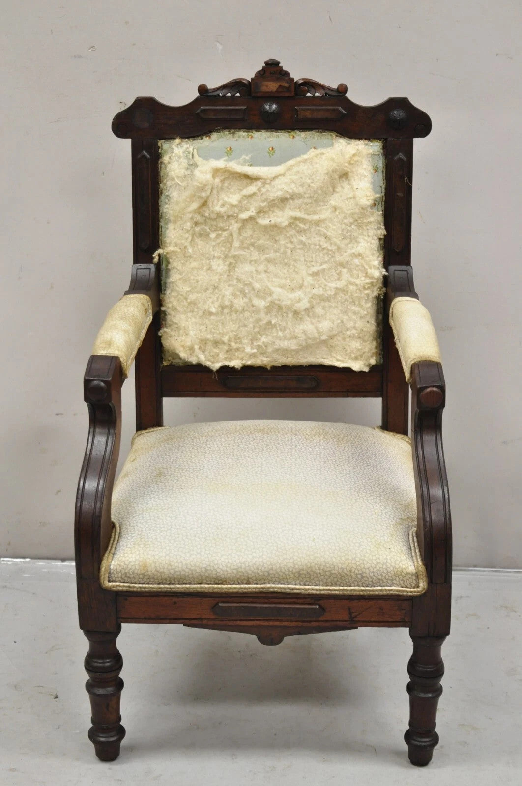 Antique Small Child's Eastlake Victorian Carved Walnut Distress Parlor Arm Chair