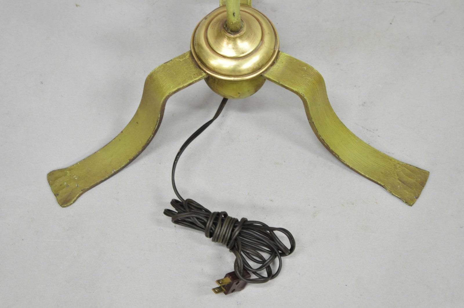 Antique Spanish Renaissance Gothic Green Iron & Brass Tripod Pole Floor Lamp