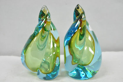 Mid Century Modern Alfredo Barbini Murano Italy Blue Art Glass Flame Bookends