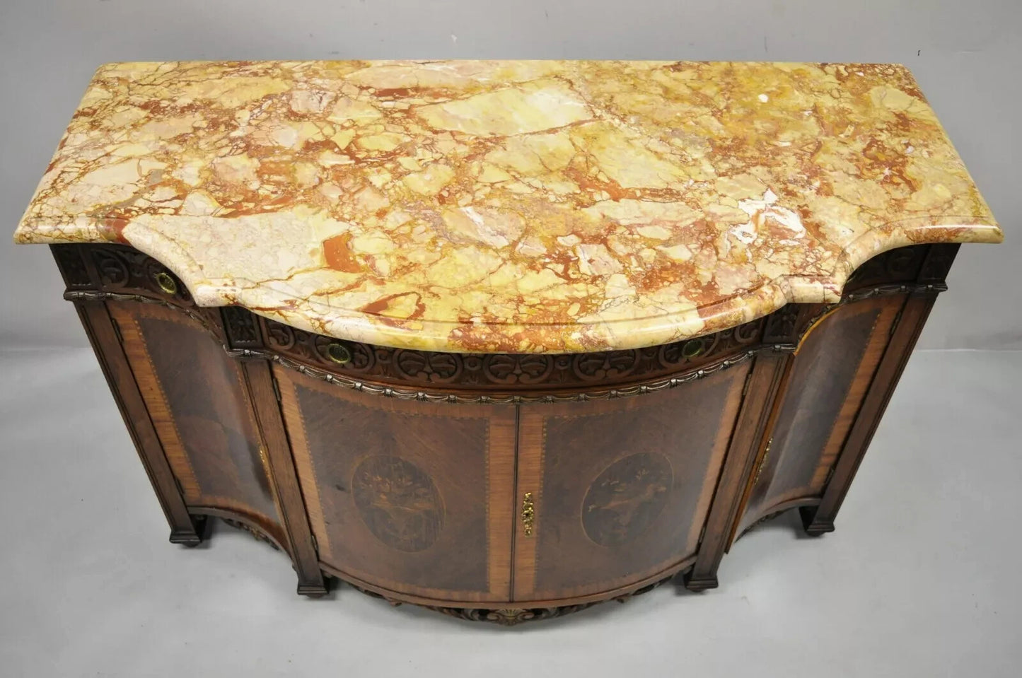 French Renaissance Louis XV Marble Top Marquetry Inlay Sideboard Buffet Commode