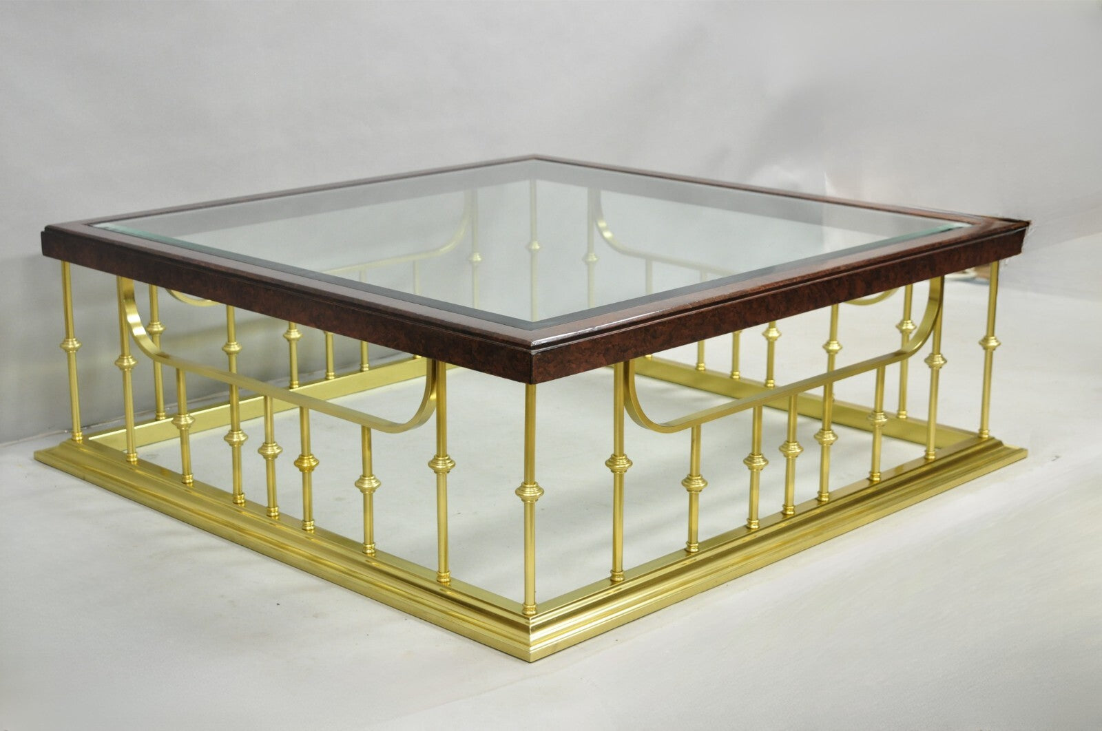 Vintage Erwin Lambeth Burl Walnut Brass Fireplace Fender 42" Square Coffee Table