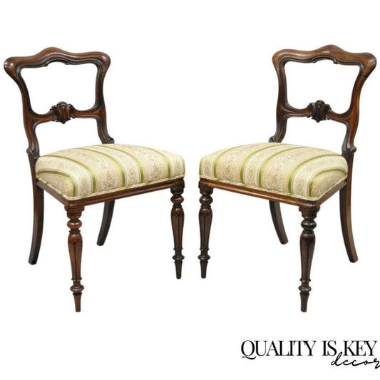 Antique English Victorian Carved Rosewood Parlor Dining Side Chairs - a Pair