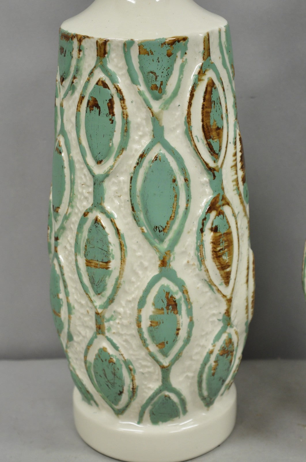 Vintage Mid Century Modern Turquoise Blue White Ceramic Pottery Table Lamp Pair