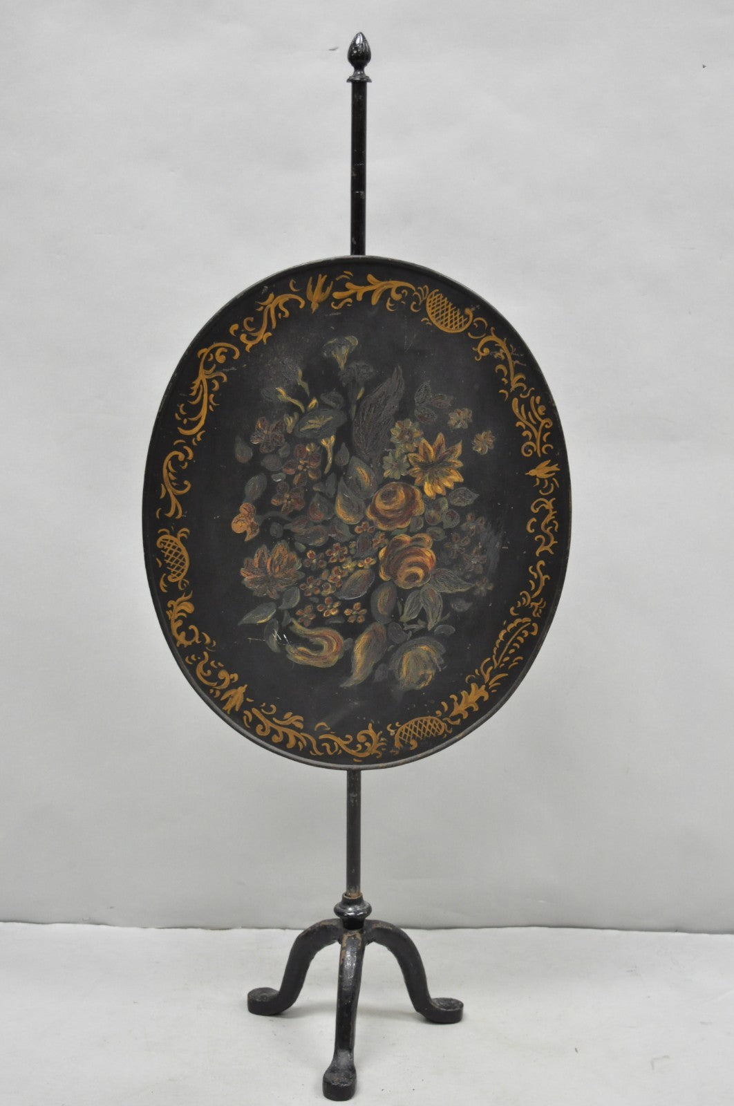 Antique French Victorian Tole Metal Hand Painted Floral Adjustable Firescreen