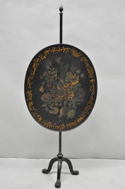 Antique French Victorian Tole Metal Hand Painted Floral Adjustable Firescreen