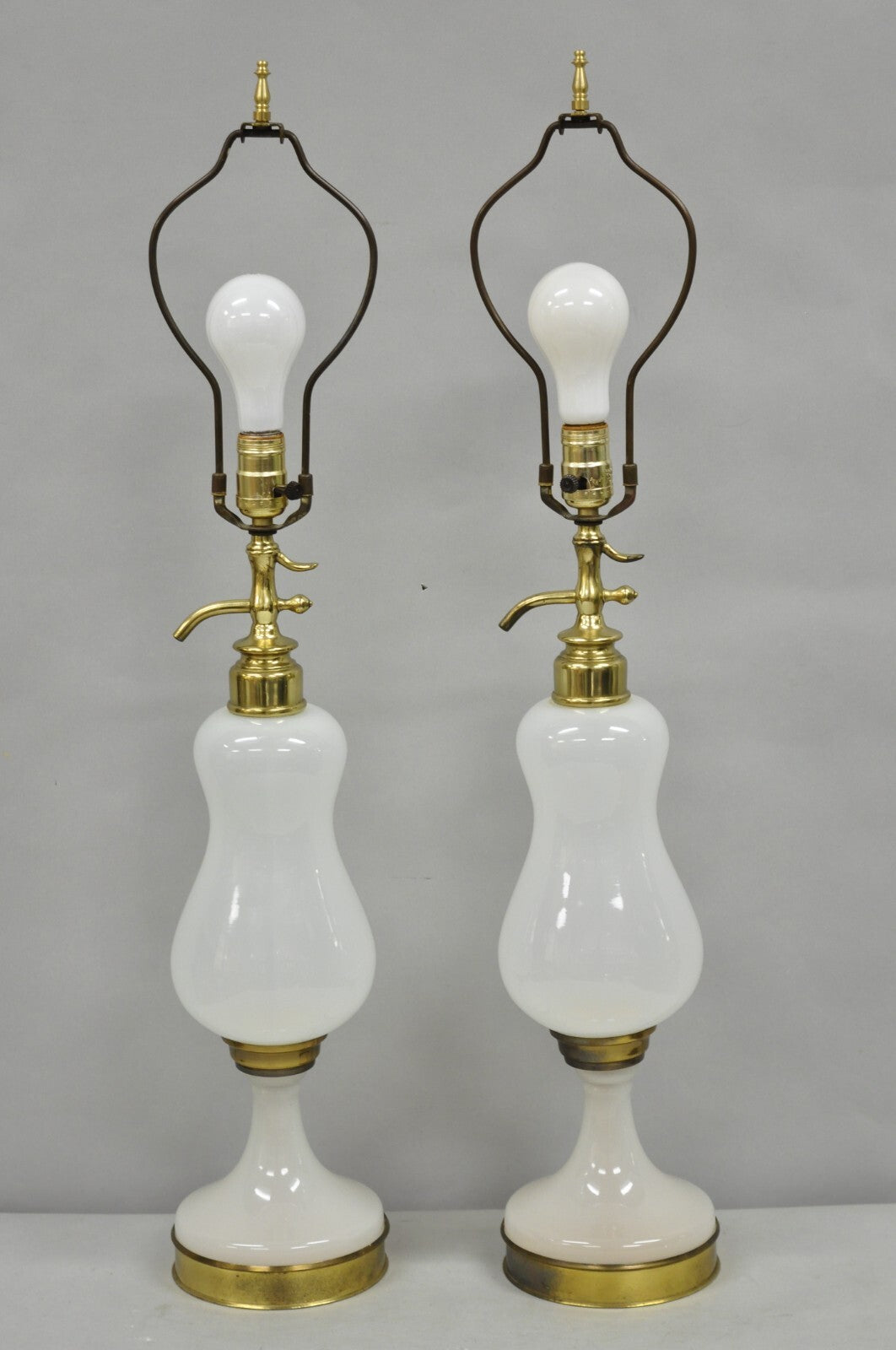 Mid Century Modern White Opaline Milk Glass Seltzer Bottle Table Lamps - a Pair