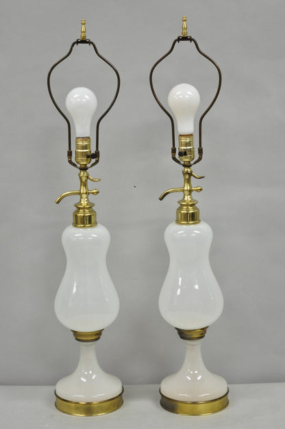 Mid Century Modern White Opaline Milk Glass Seltzer Bottle Table Lamps - a Pair