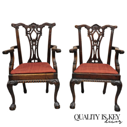 Chippendale Style Mahogany Carved Ball and Claw Dining Arm Chairs - a Pair