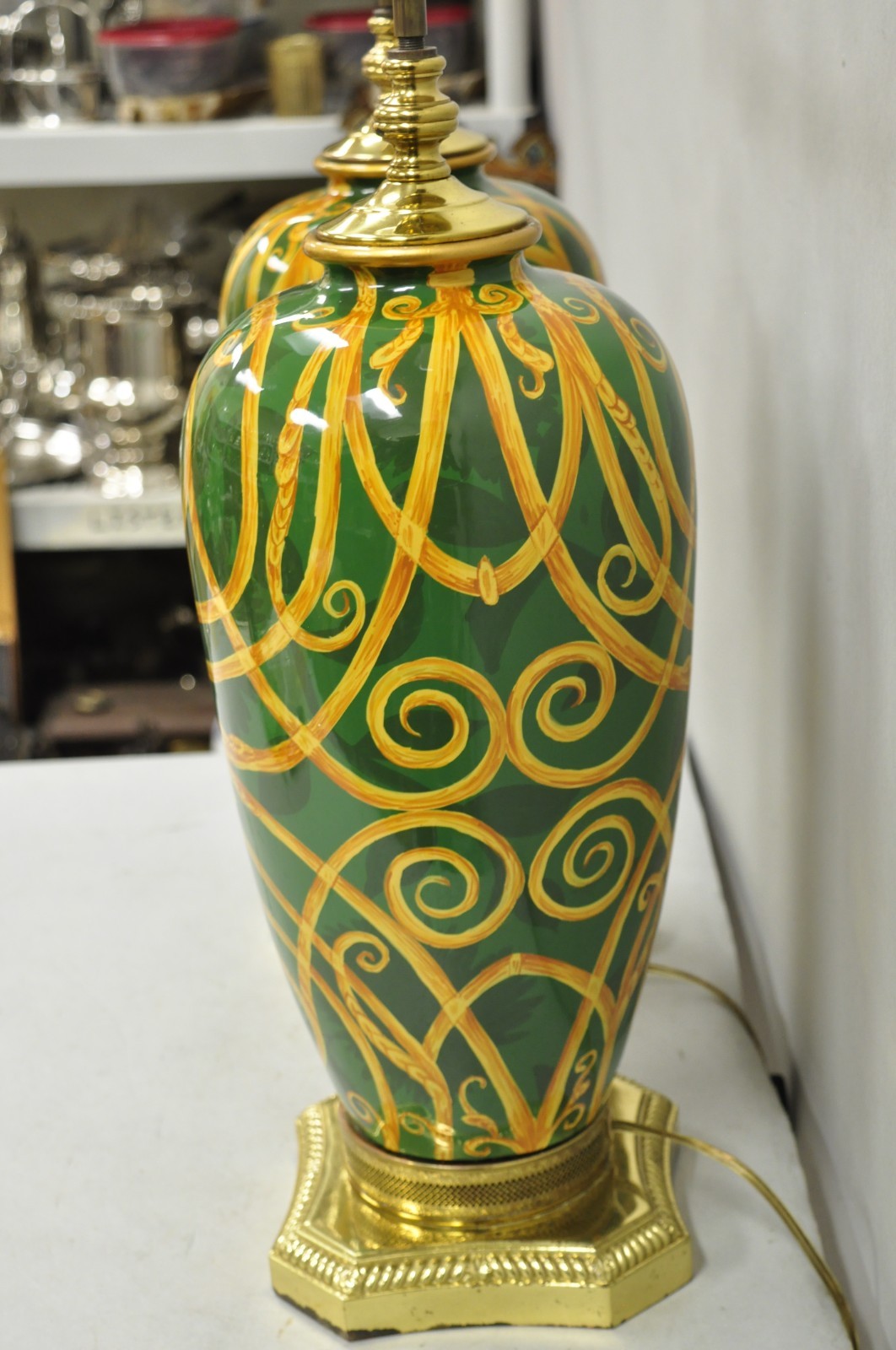 Hollywood Regency Green & Gold Scroll Painted Ceramic Table Lamps - a Pair