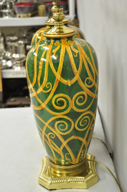 Hollywood Regency Green & Gold Scroll Painted Ceramic Table Lamps - a Pair