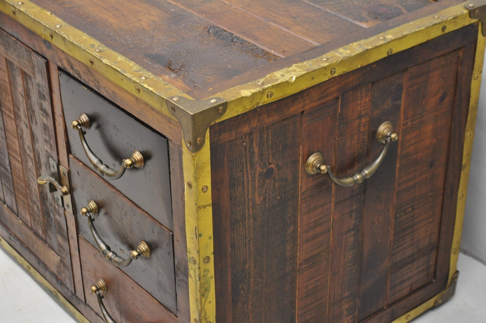 Habersham Wooden Plantation Campaign Trunk Style Side Coffee Table w/ Brass Trim