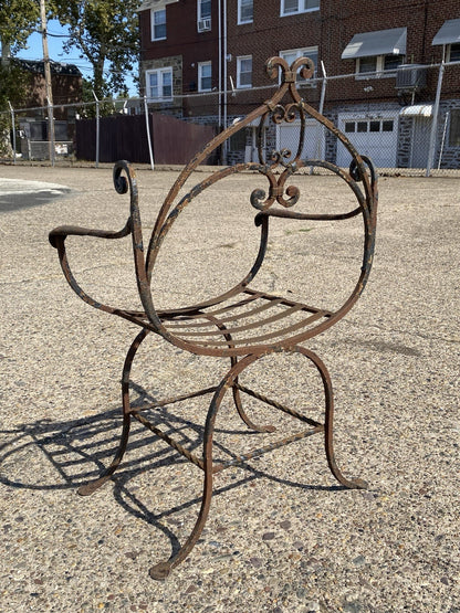 Antique Spanish Renaissance Wrought Iron Curule Savonarola Throne Arm Chair