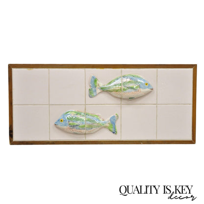 Vintage Mid Century Modern Glazed Ceramic Tile Framed Blue Green Fish Wall Art