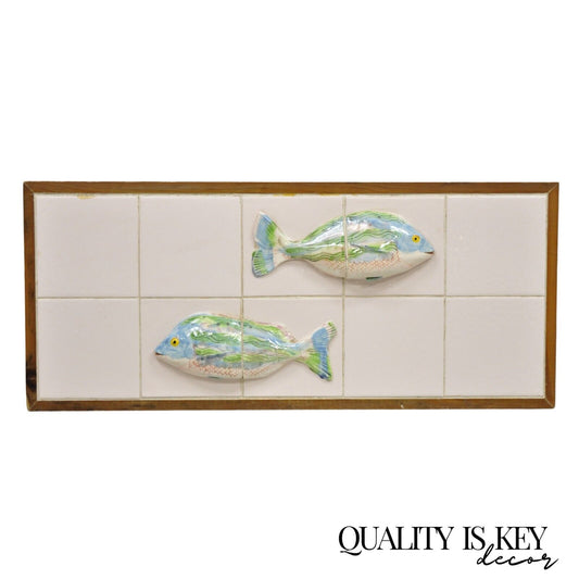 Vintage Mid Century Modern Glazed Ceramic Tile Framed Blue Green Fish Wall Art