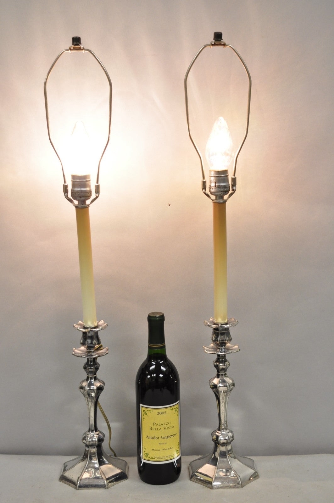 Reed & Barton Art Nouveau Silver Plated Small Candlestick Table Lamps - a Pair