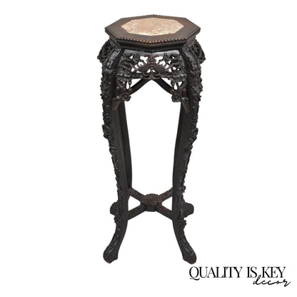 Antique Chinese Carved Hardwood Marble Top Oriental Plant Stand Side Table
