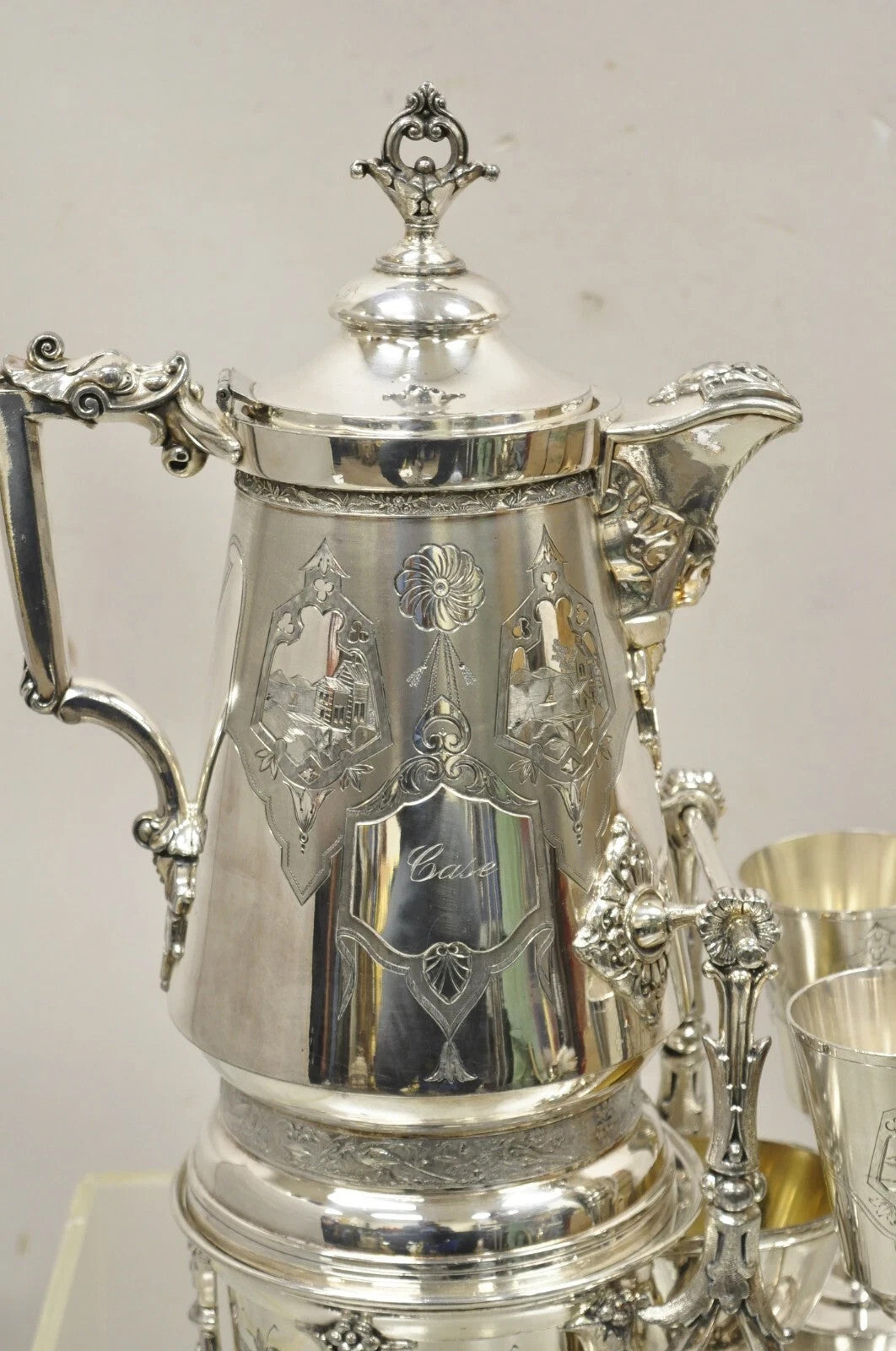 Victorian Racine Silver Plated Tilting Lemonade Water Pitcher on Stand w Goblets