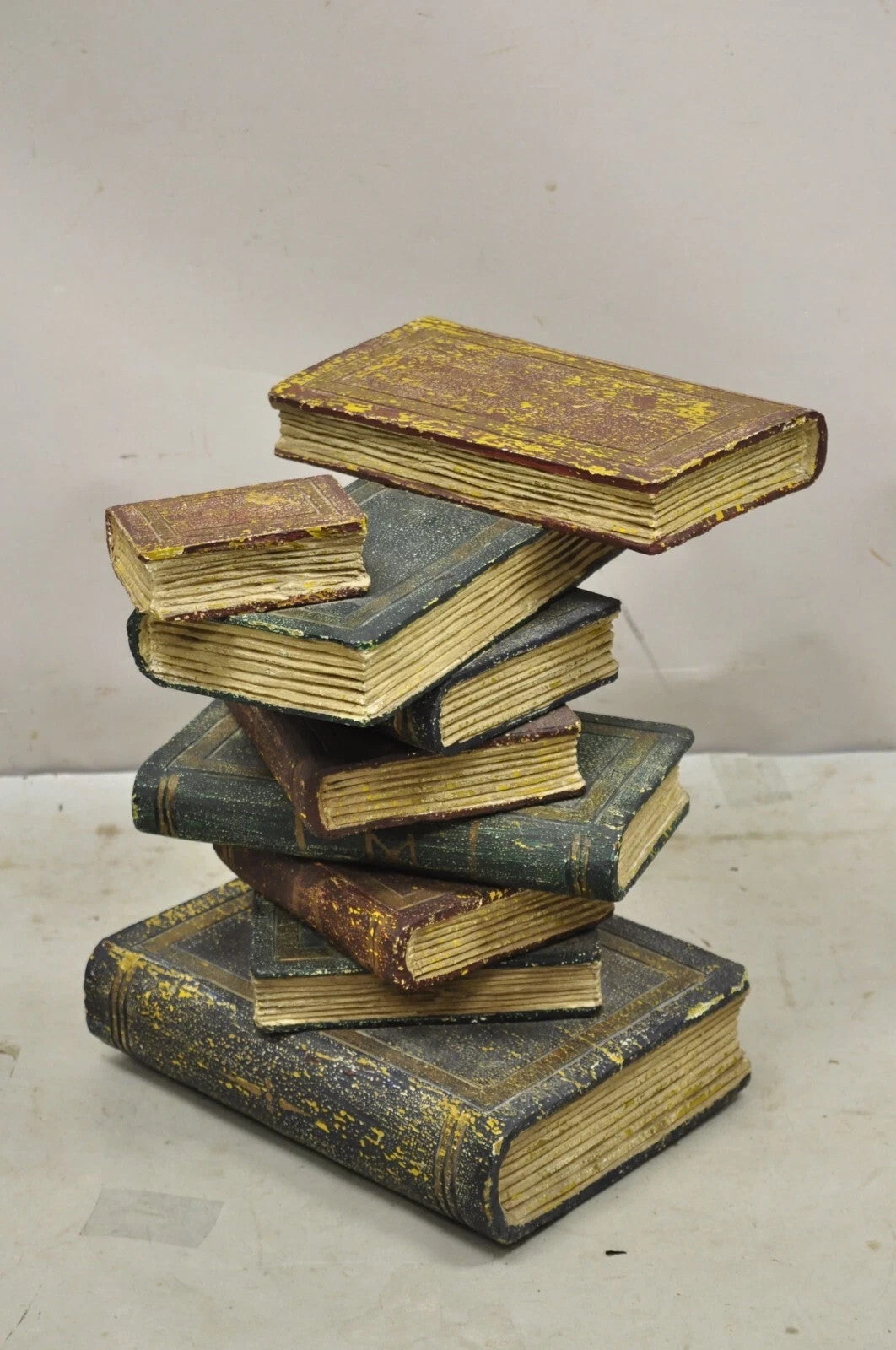 Vintage Regency Style Figural Faux Stacked Book Form Round Glass Top Side Table