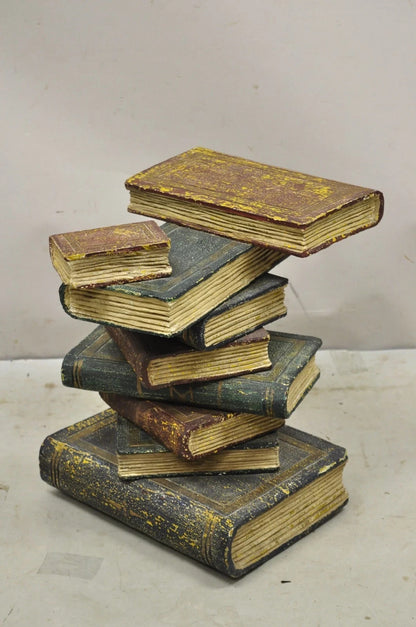 Vintage Regency Style Figural Faux Stacked Book Form Round Glass Top Side Table
