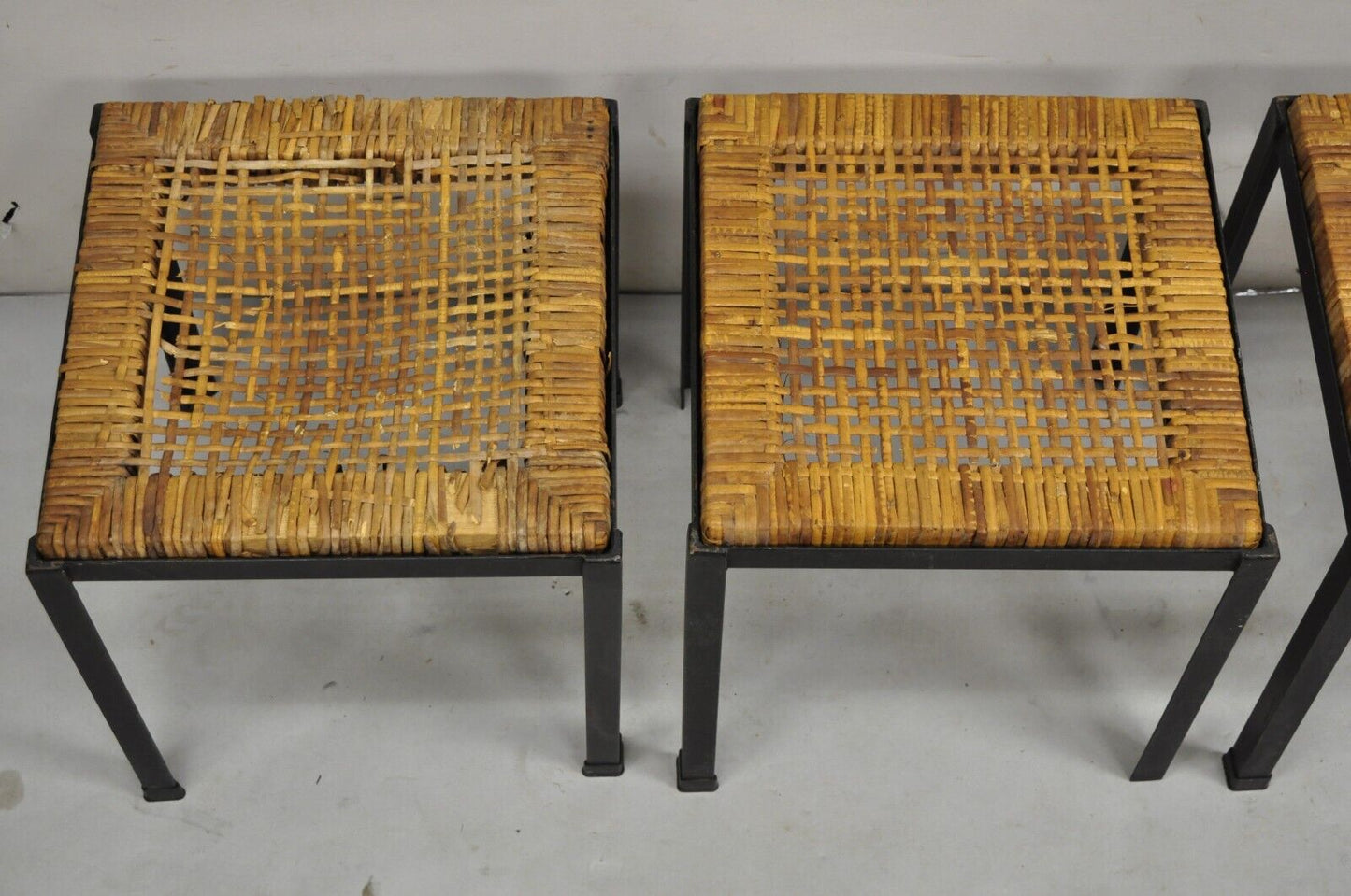 Mid Century Modern Danny Ho Fong Tropi-Cal Iron Cane Side Table Stool - Set of 4