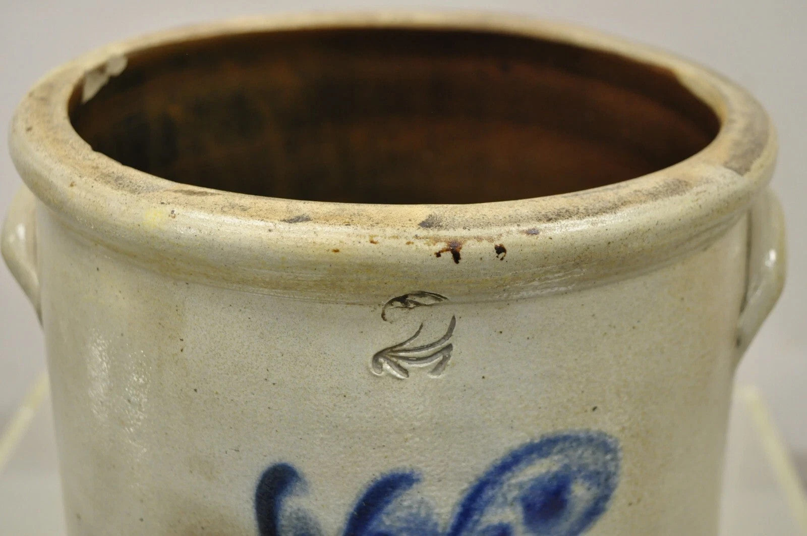Antique Stoneware Two Gallon Crock with Cobalt Blue Slip Trailed Floral Design