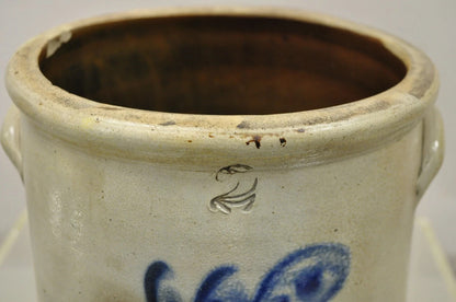 Antique Stoneware Two Gallon Crock with Cobalt Blue Slip Trailed Floral Design