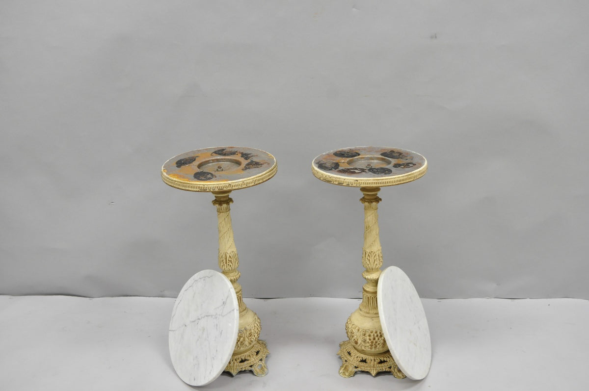 Vintage Hollywood Regency Small Metal Pedestal Marble Top Drinks Side Table Pair