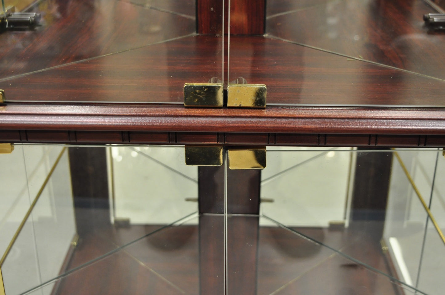 Contemporary Faux Cherry Wood Mirror Glass Corner Curio Display Case Cabinet