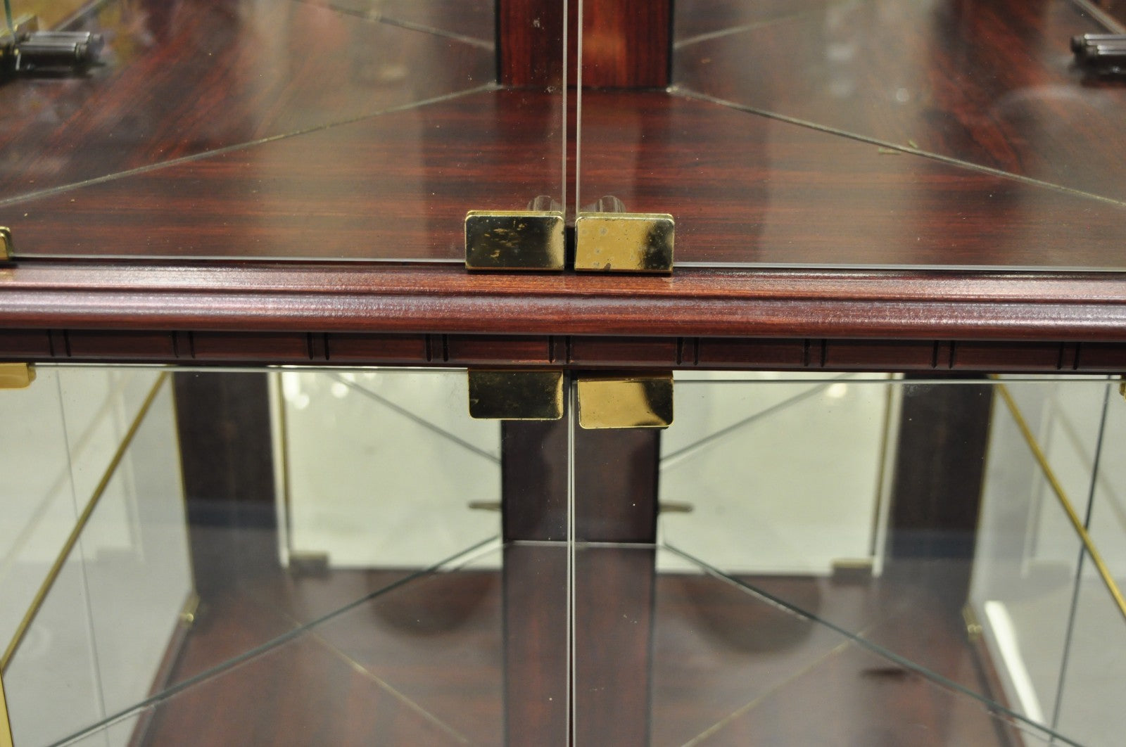 Contemporary Faux Cherry Wood Mirror Glass Corner Curio Display Case Cabinet