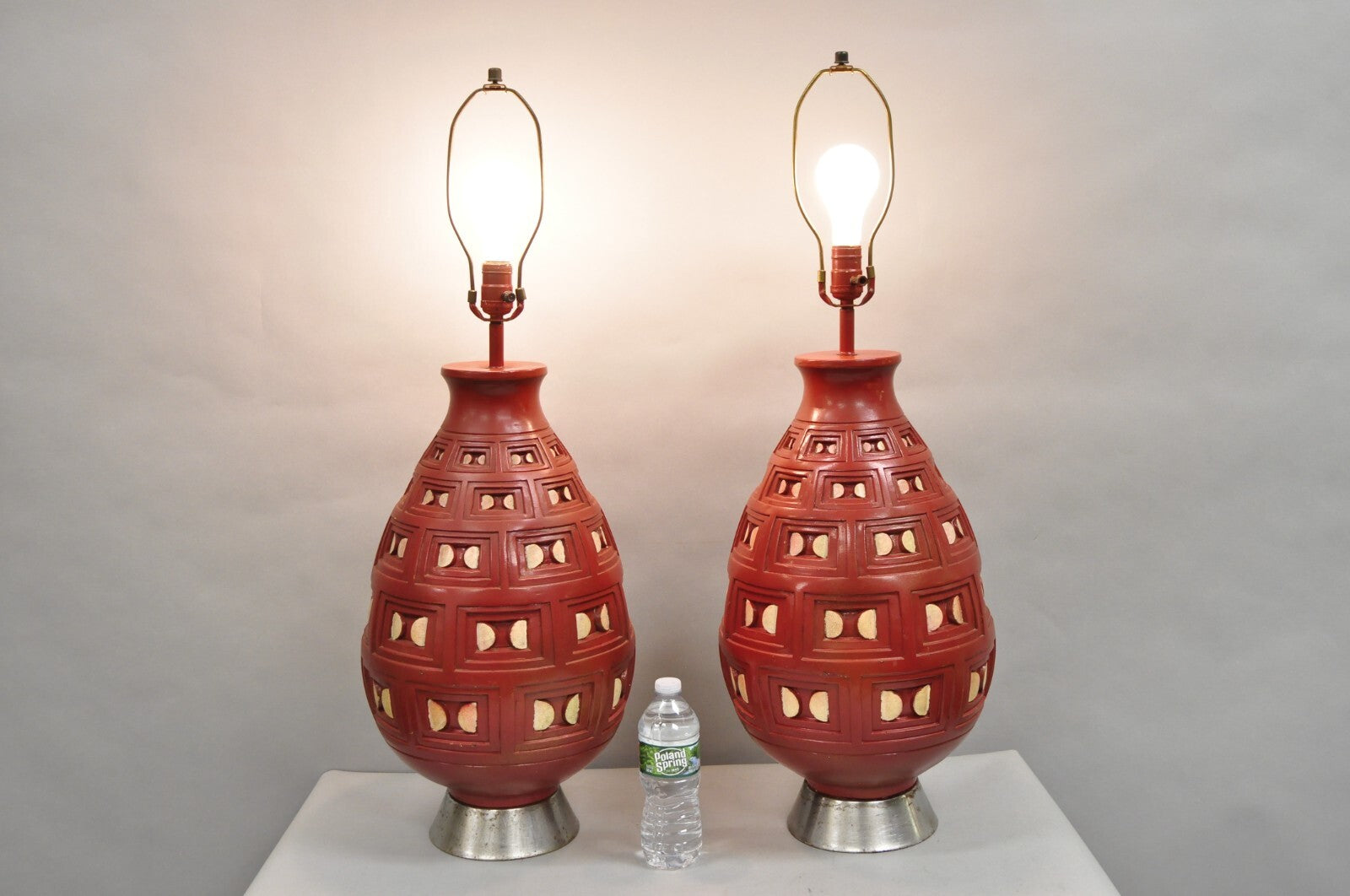 Mid Century Modern Space Age Red Ceramic "Beehive" Large Table Lamps - a Pair