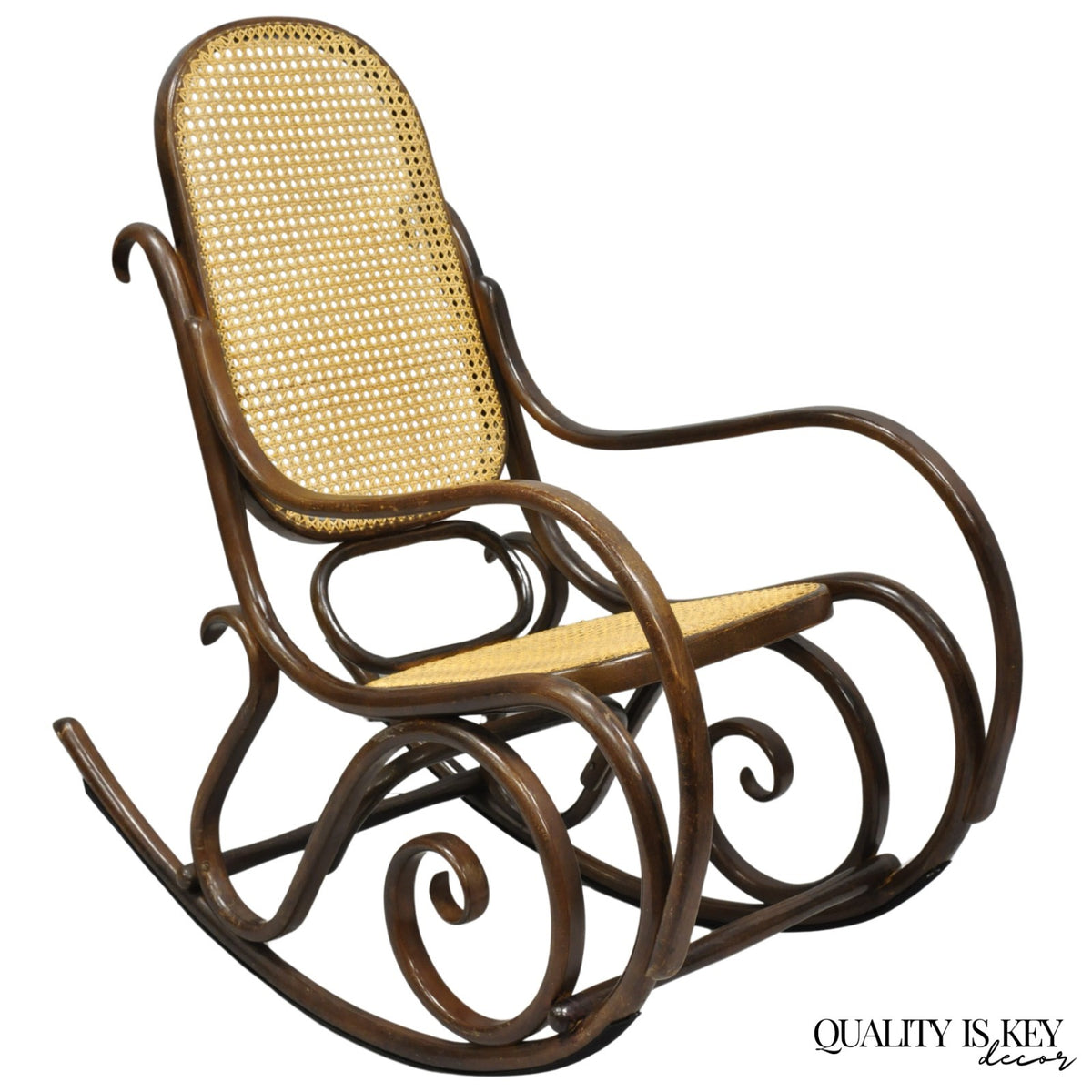 Vintage Mid Century Modern Thonet Style Bentwood & Cane Rocker Rocking Chair (A)
