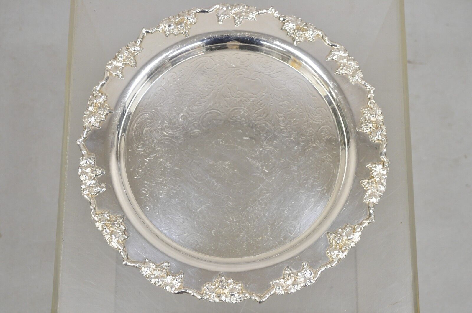 Antique English Victorian Silver Plated Grapevine Round Serving Platter Tray