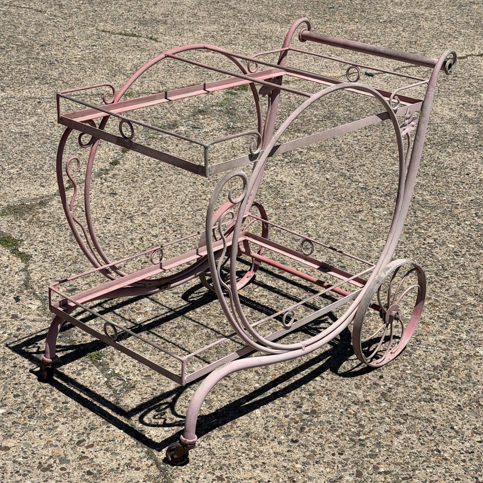 Antique Salterini Mt Vernon Wrought Iron Art Nouveau Pink Serving Bar Tea Cart