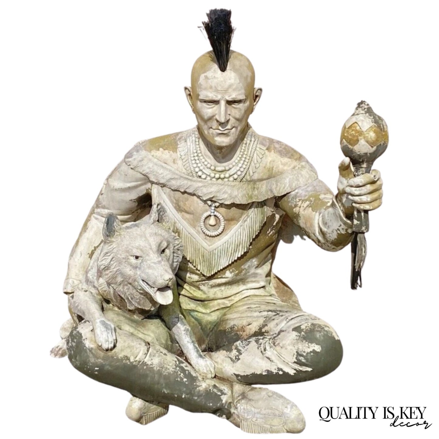 Vintage Life Size Native American Indian Fiberglass Seated Chief and Wolf Statue