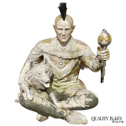 Vintage Life Size Native American Indian Fiberglass Seated Chief and Wolf Statue
