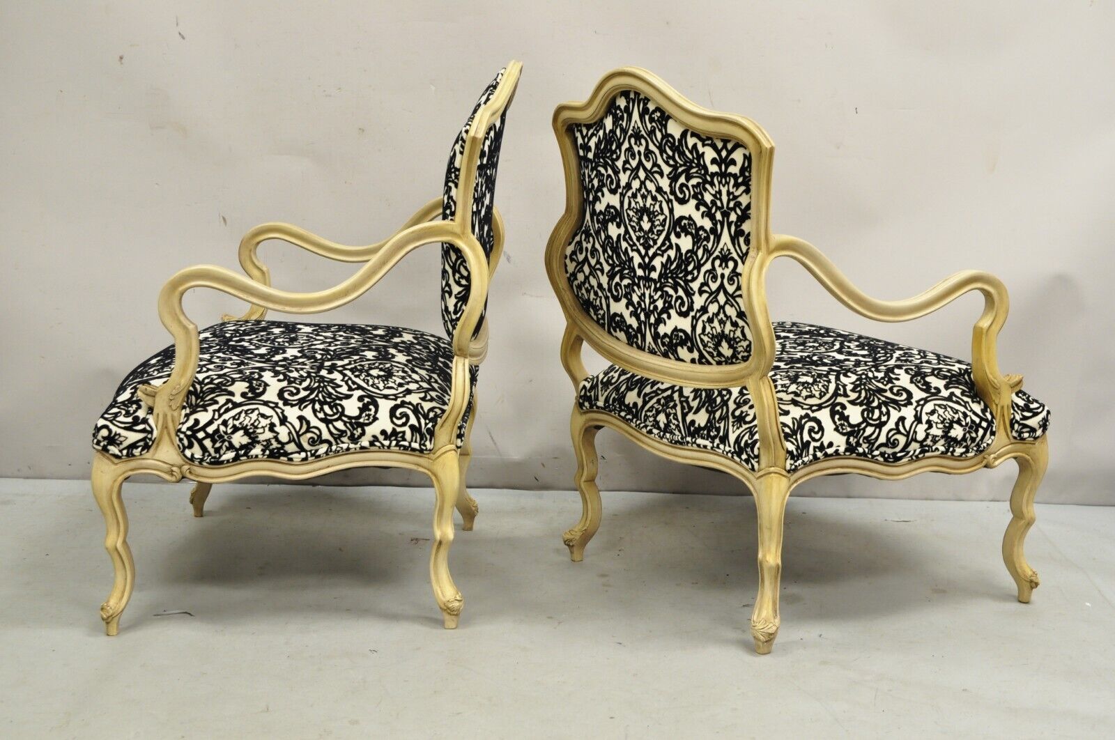 Hollywood Regency Carved Wood Low Cream Painted Damask Boudoir Chairs - a Pair