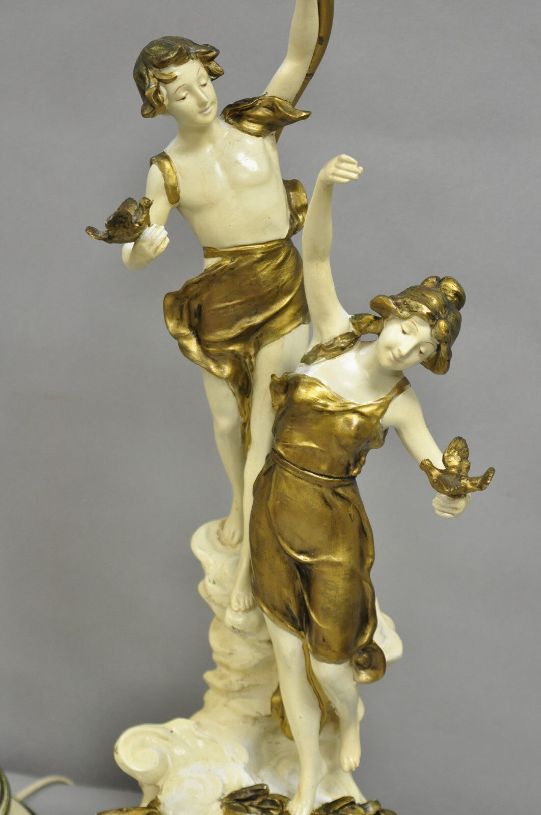 Antique L&F Moreau Spelter Metal Painted Figural Boy and Girl Table Lamp - Pair